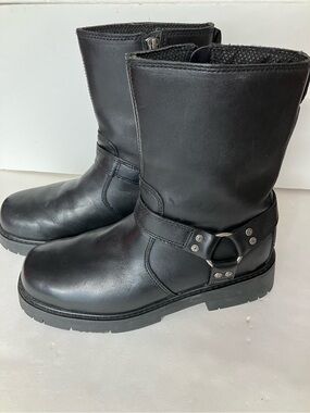 Harley Davidson Side Str. Black Leather Size Zip Moto Boots, Men’s 8 1/2, #91080